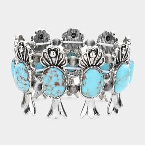 Turquoise Blue Silver Squash Blossom Natural Stone Boho Statement Bracelet